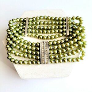 Multi Strand Glass Pearl Bracelet Rhinestone Slider Clasp Light Olive Green 7.5"